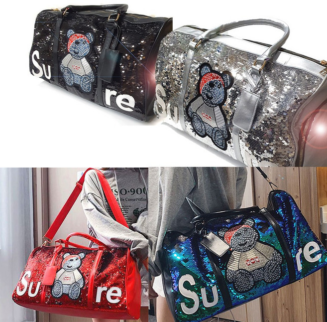 반짝이 곰돌이 아기짐 명품 골프 1박2일 2박3일 여행 헬스 기저귀 다용도 보스턴백 가방, 실버