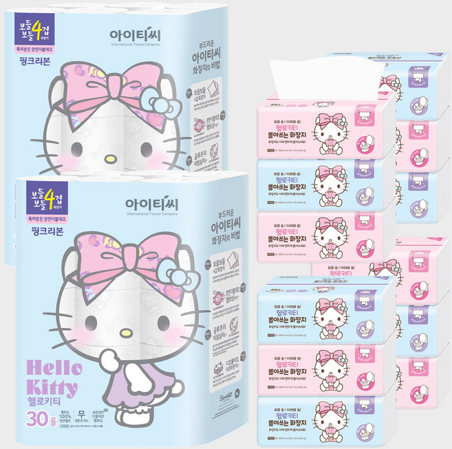 헬로키티 4겹 핑크리본 화장지 30롤X2팩+뽑아쓰는화장지 3입X4팩 풀고뽑고 세트 195505, 헬로키티 4겹 핑크리본 화장지 30롤X2팩+뽑아쓰는화장, 1