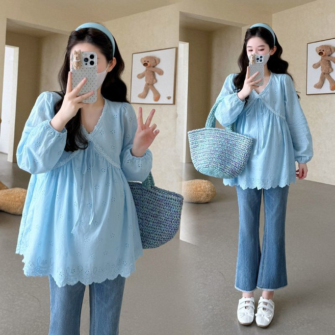 임산부 긴팔 남방 봄 가을 자수 블라우스 긴소매 캐주얼 루즈핏 셔츠 스타일 JS