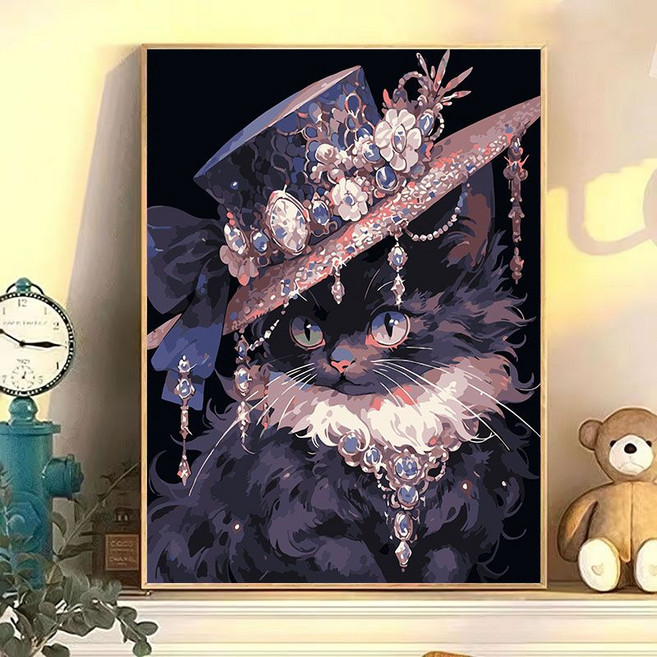 DIY 수제 디지털 유화 고양이&개&해바라기&튤립 명화 그림 그리기 페인팅 세트 종 러블리 동물 모음 풍수그림 신혼 개업 입주 선물 현관 거실 인테리어 소품 30*40cm, 화려한 검은 고양이