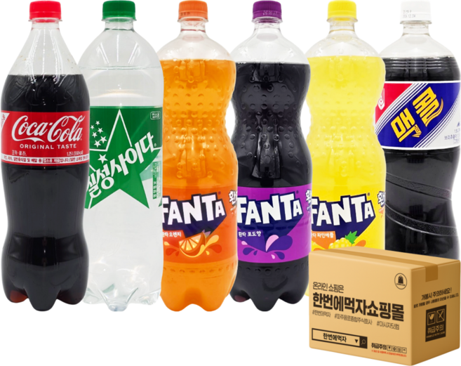 [한번에먹자] 대용량 탄산음료 6종 혼합 세트 코카콜라 칠성사이다 환타 오렌지 포도 파인애플 맥콜, 6개, 1.5L