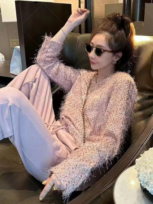 스팽글니트 스웨터 라운드 펄 반짝이 핑크 연말룩 메탈