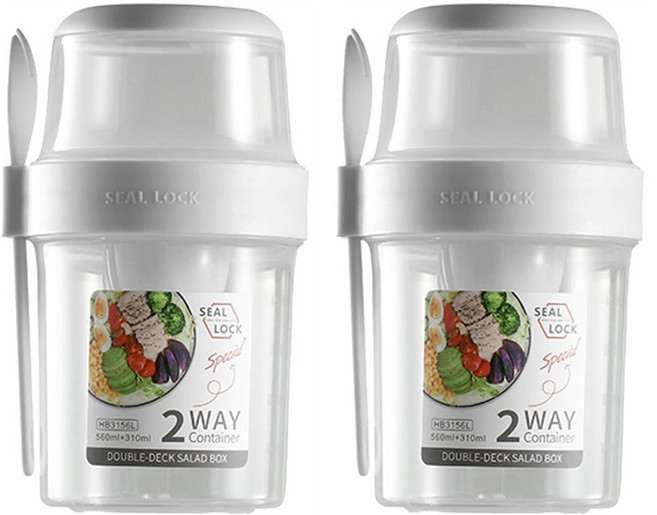 씰락 휴대용 이중 샐러드 컵 스푼 포함 일반도시락, 2개, 310ml + 560ml 흰색