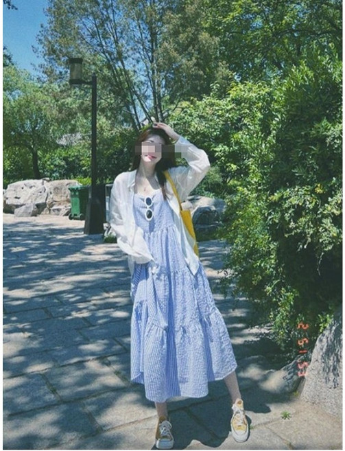 서진맘 여성 블루 스트라이프 플리츠 나시 롱 원피스&화이트 셔츠 투피스