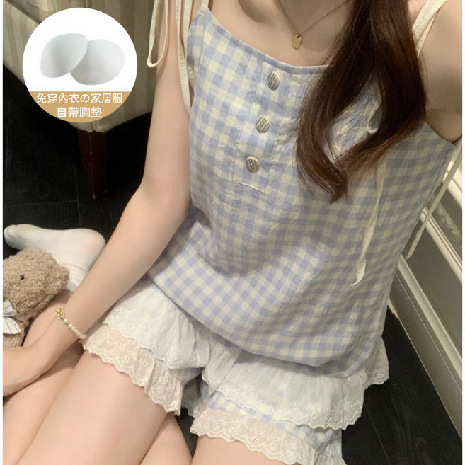 格子睡衣 帶胸墊 可愛家居服