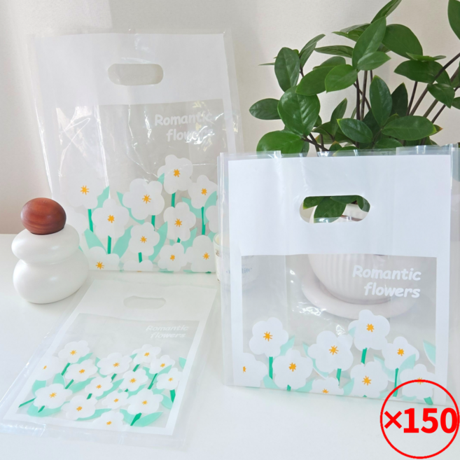 해피쇼핑 데이지 선물 포장 비닐 손잡이 투명 쇼핑백 간식 테크아웃봉투 비닐백, 150개