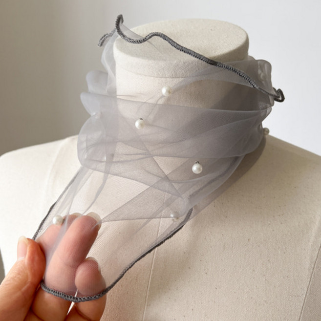 여성스카프 여자 쁘띠스카프 미니 진주 망사 여름 목수건 목가리개 쉬폰 갑상선스카프