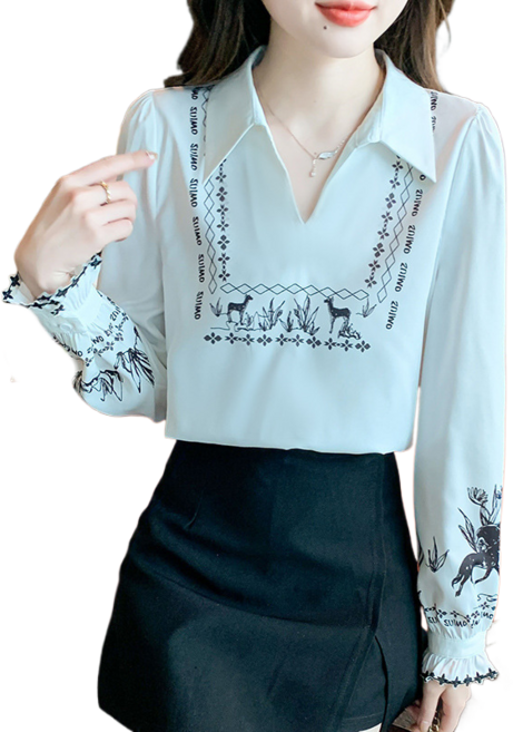 프린트 긴팔 셔츠 여 브이넥 셔츠 뉴타임즈 U065W443