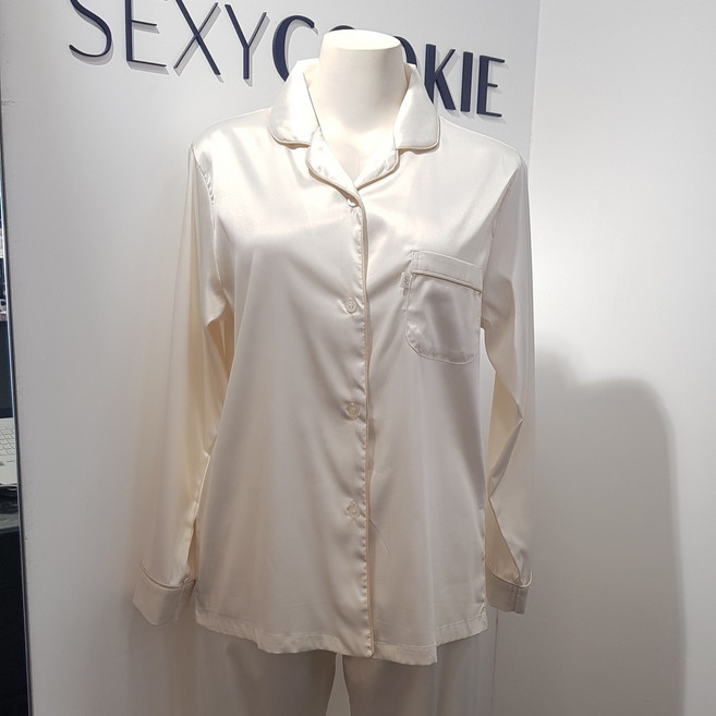 섹시쿠키 샤무즈 웨딩 커플파자마 크림 홈웨어 상하의세트