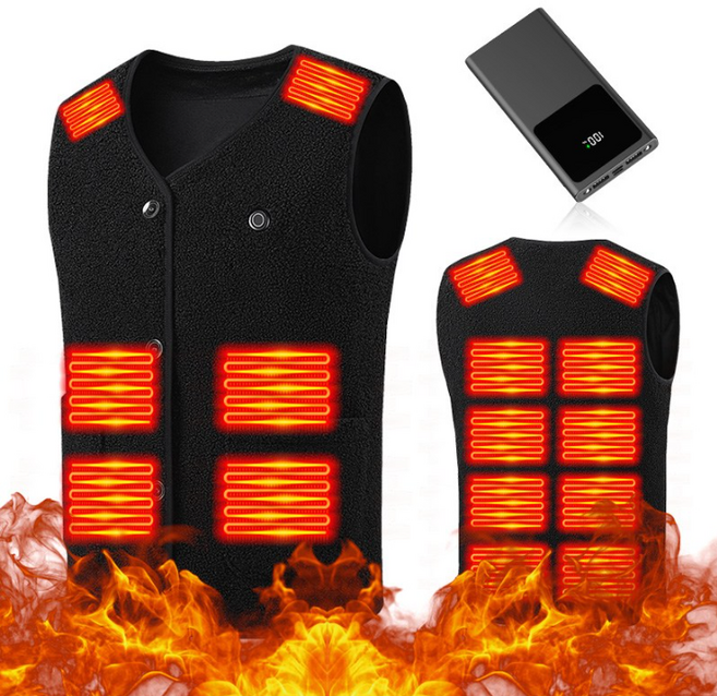 KLIFE 발열조끼 16구역 USB 전기 열선 조끼 스마트 3단 온도조절 뽀글이 V넥 골프 등산 열조끼 20000mAh 보조배터리 세트