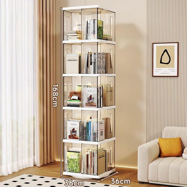 넥스오라 투명 아크릴 회전 책장 360도 4단 북렉 책꽂이 공간절약 다용도 수납 책선반, 5단, 화이트