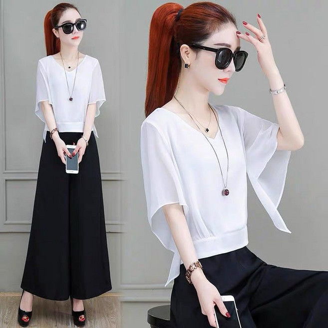 싱싱덴덩 여름 티셔츠 여성 시폰 루즈핏 단색 브이넥 반팔티셔츠