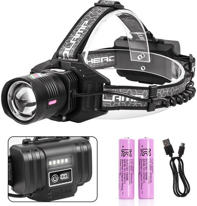Shipshape 충전식 헤드랜턴 LED 신축식 집광 등산랜턴 2600mAH 배터리*2개 낚시 캠핑 플래시 써치라이트 옥외조명, 1개, 블랙