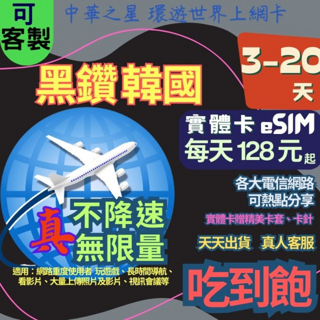 韓國上網卡 首爾釜山濟州島 7天 不降速無限量吃到飽, A【黑鑽】實體卡,7天  不降速無限量吃到飽