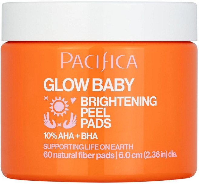 Pacifica Glow Baby 브라이트닝 필 패드 10% AHA + BHA 각질 제거 페이스 패드 빛나는 피부 재포장 글리콜산 및 살리실산 패드 매끄러운 질감과 모공