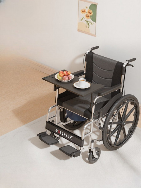 경량 접이식 휠체어 이동 보조 변기 360도 회전 바퀴 쉬운청소 방수 폴딩 체어, 1개, 기계식 방수 가죽 좌변기+식탁