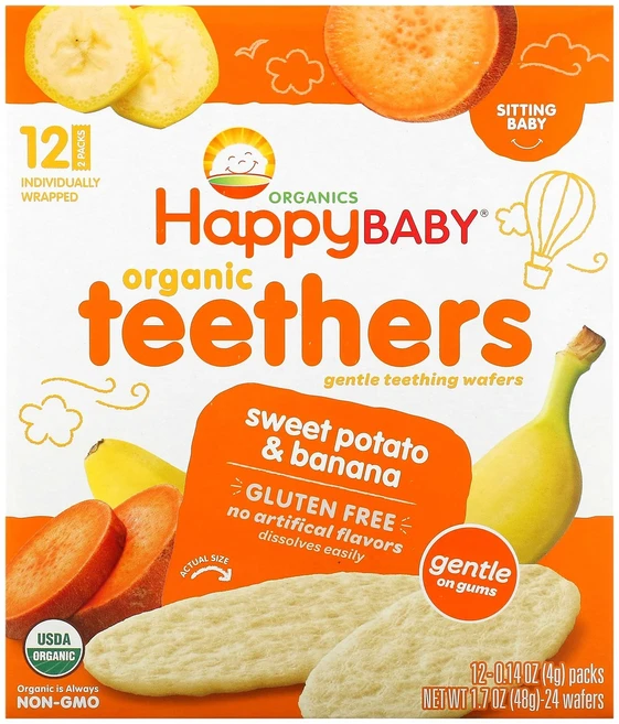 Happy Family Organics Baby 유기농 티더 부드러운 치아 발육 웨이퍼 고구마 및 바나나 12팩 각 4g(0.14oz) Organics (해피 패밀리 - 쿠팡