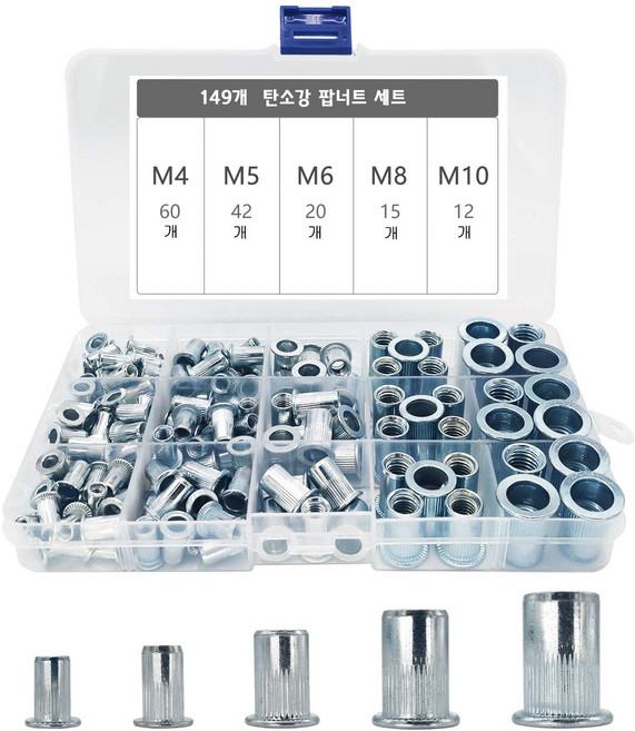 탄소강 팝너트 세트 넓은머리팝 너트 원형주름너트 리벳너트 M4/M5/M6/M8/M10 149개 5종 사이즈
