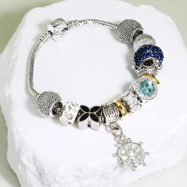 리즈타라 스타일리쉬 미러볼 블루 참 팔찌 +실버 체인 목걸이 증정 / 커플팔찌 우정팔찌 팔찌선물 주얼리세트