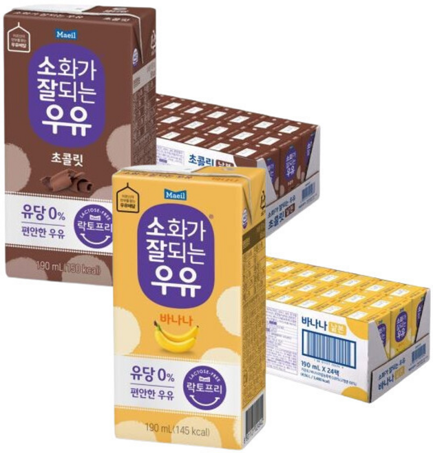 매일 소화가잘되는우유 바나나 멸균 + 초콜릿 멸균, 190ml x 48팩, 190ml, 24팩