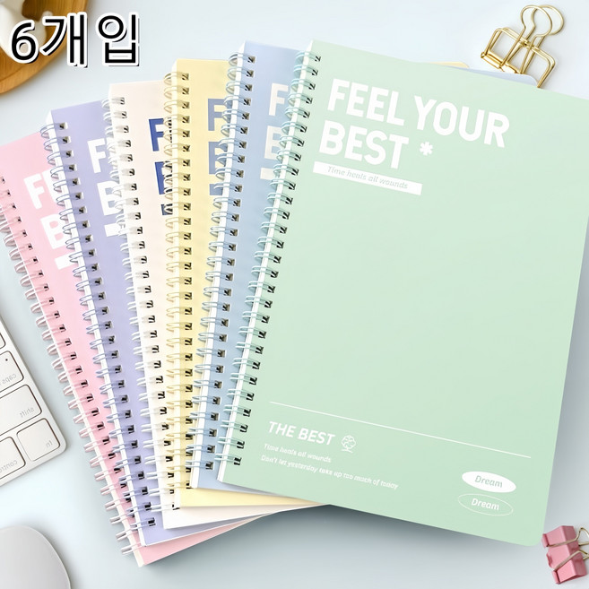 경질 표지 스프링 노트 가로선 두꺼운 메모장 학교용 컬러 일기장, 6개, 분홍, 흰색, 노란색, 보라색, 초록색, 파란색，A5