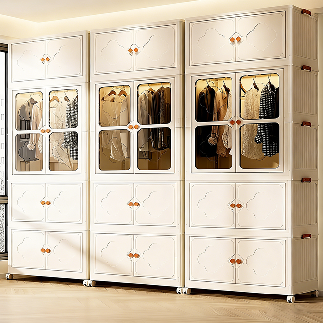 FOWOD 네 잎 클로버 꽃무늬 이동식 폴딩 옷장 수납장 폴딩박스 대용량 다용도 리빙박스 정리함, 1옷장+3수납장, 1세트