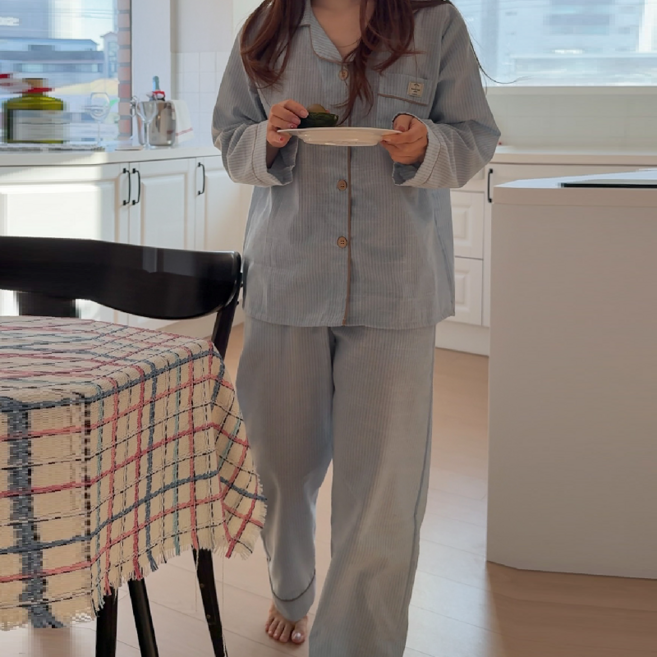 [해피데이 made] 엔트 스트라이프 긴팔 면 잠옷 커플 파자마 세트 수면잠옷 4color