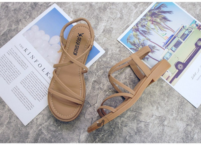 SHAN SHUEN 雙細帶後鬆緊羅馬涼鞋, 卡其,23