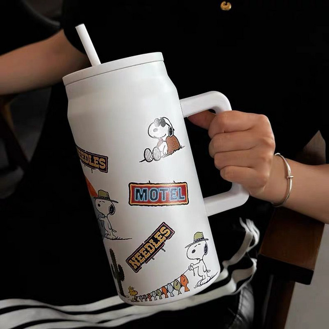 GOYES 캐릭터 스누피 도안 텀블러 대용량 보온 보냉병 빨대 텀블러, 1개, 1500ml, 화이트