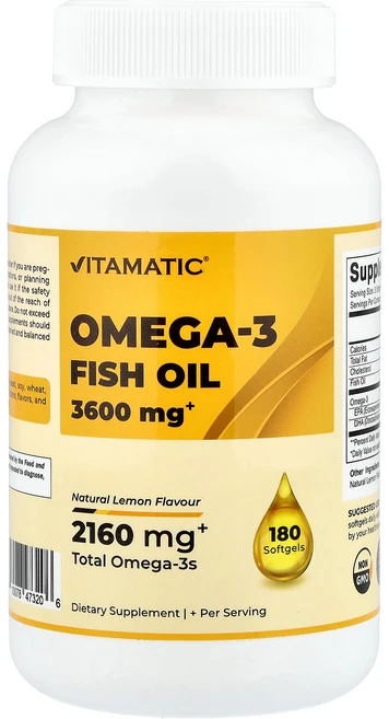 Vitamatic Omega-3 Fish Oil Natural Lemon 180 Softgels, Vitamatic, Omega-3 Fish Oil, N - 쿠팡