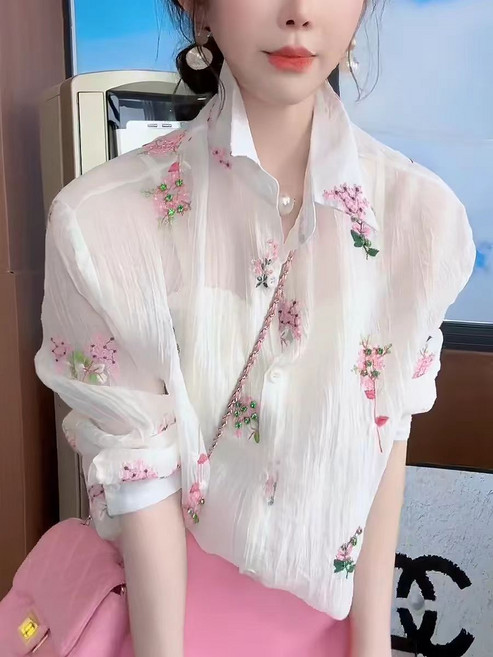 法式碎花設計感鑲鑽刺繡襯衫女春夏時尚氣質減齡防曬上衣