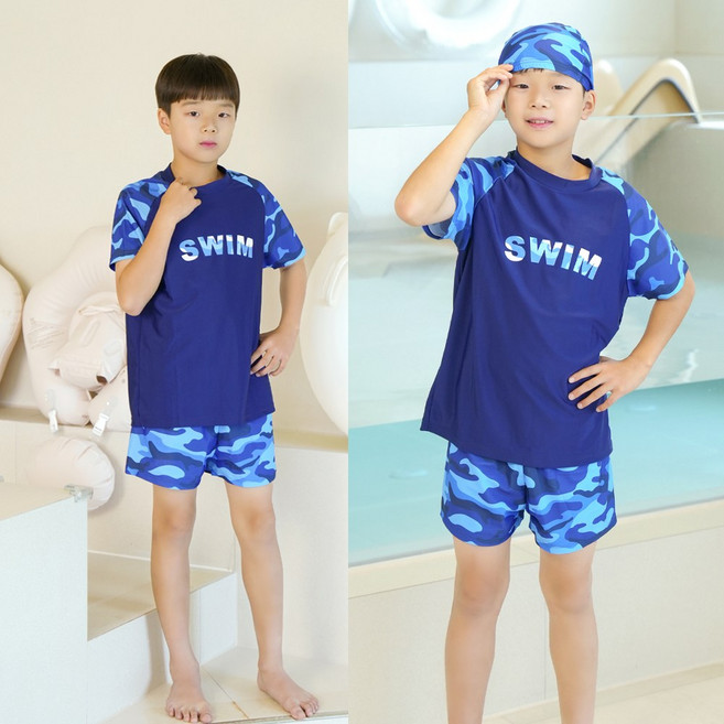 남자 아동 주니어 초등학생 반팔 수영복 3종 세트 빅사이즈 실내 수영복