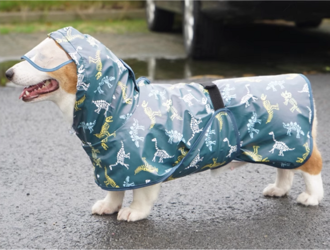 강아지우비 강아지레인코트 강아지비옷 대형견 중형견 소형견 장마 강아지옷 편안한 귀여운 공룡프린트, 형광, 1개