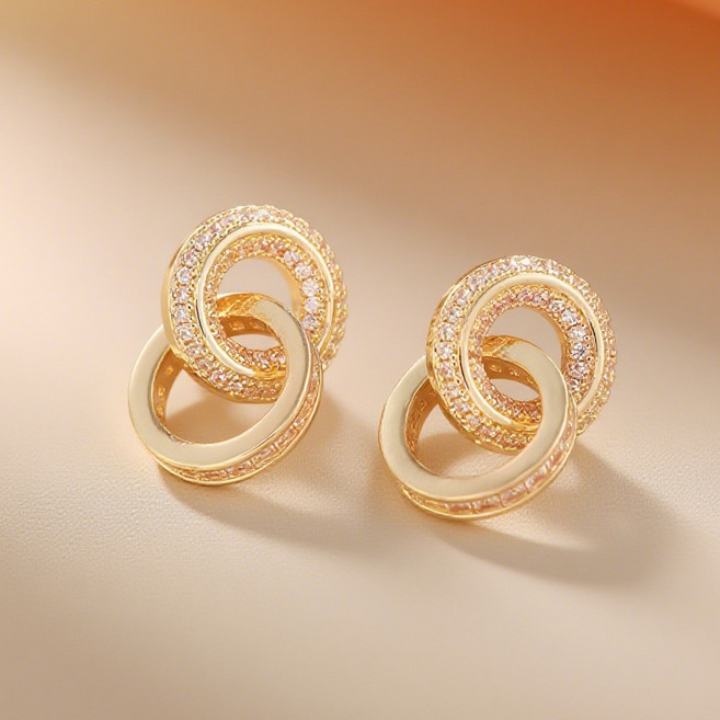 Ramlove S925 은 18K 골드도금 오스트리아 5A급 큐빅 더블 링 귀걸이CLX021