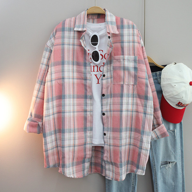 달콩 여성 빅사이즈 봄신상 카라셔츠 타탄오버핏체크롱셔츠