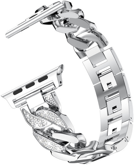 Rabbit Technology 水鑽金屬錶帶 女生款 適用Apple Watch錶帶, 銀色 鑲鑽牛仔鏈,3代42/44/45/46/49mm, 1個