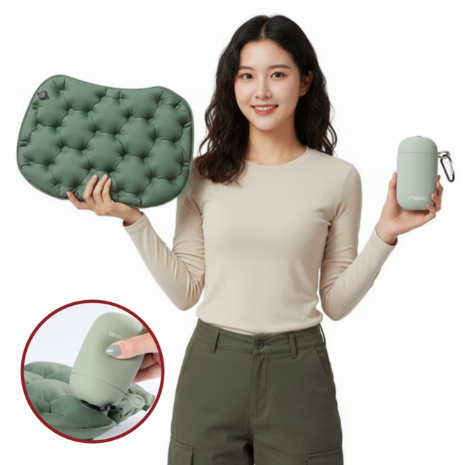 나나홈즈 초경량 에어 쿠션 의자 휴대용 등산 캠핑 접이식 방석 매트, 올리브