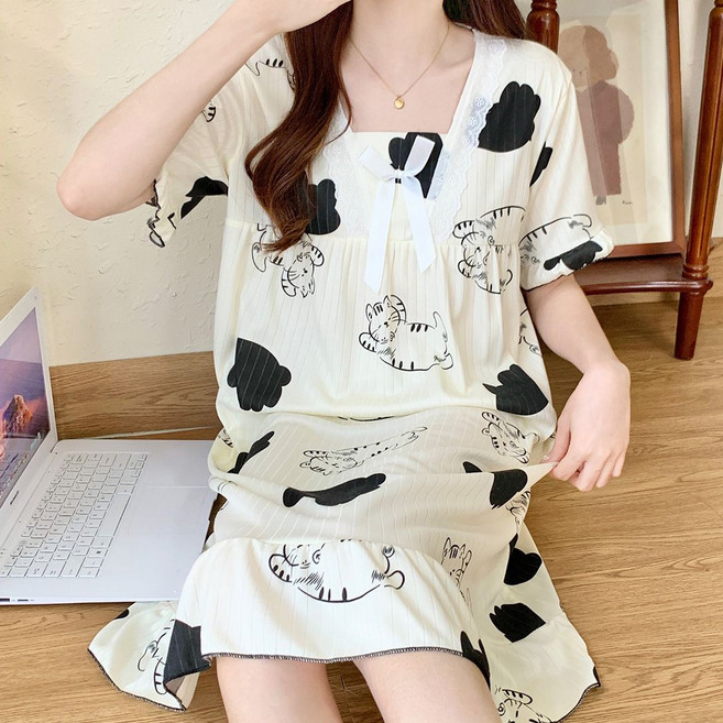 여성 반팔 원피스 잠옷 여름 반팔 러블리 공주풍 홈웨어 루즈핏 파자마 원피스 사계절 슬립 실내복 WMY