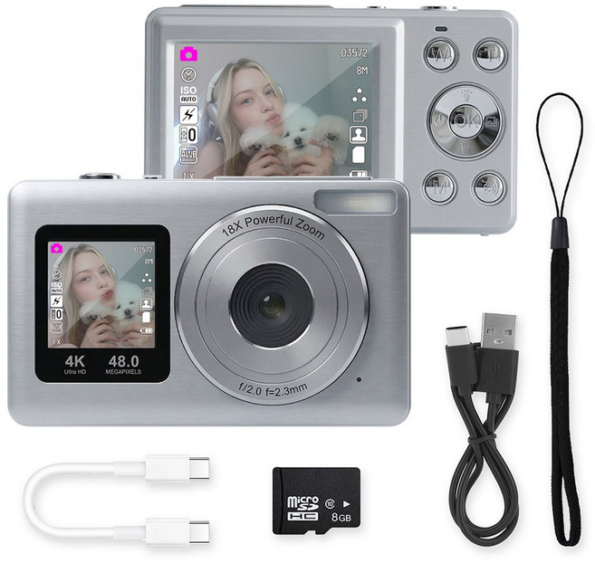 디얼 셀피 모드 빈티지 디카 미니 디지털 카메라, 실버(본품+8GB SD카드+C TO C케이블)