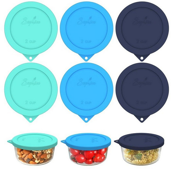 Sophico Anchor Hocking 및 Pyrex 7200피스 유리 그릇용 2컵 원형 실리콘 보관 커버 뚜껑 교체용(용기 미포함) | 네이비 블루 2팩 |, MIX-6팩