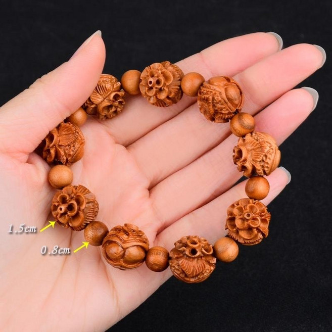 복숭아나무 조각상 염주 묵주 팔찌 꽃 음각 수공예, 1개, 여성용 A (둘레15~16cm)