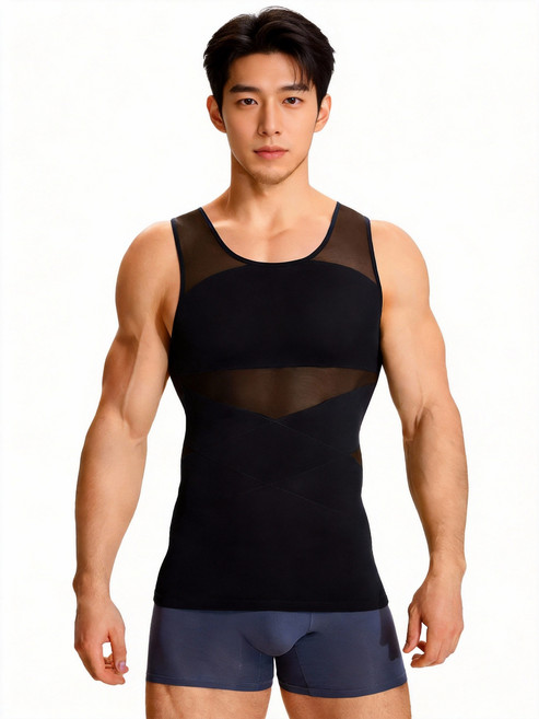 네빌리티 남자 U넥 압박 탱크탑 2중 복부 크로스 디자인 무봉제 메쉬 바디쉐이퍼 군살커버
