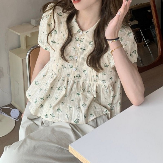 미중 여성 반팔티 루즈핏 데일리 빈티지 베이비 카라 플라워 퍼프 소매 기품 여름 반팔 티셔츠yf