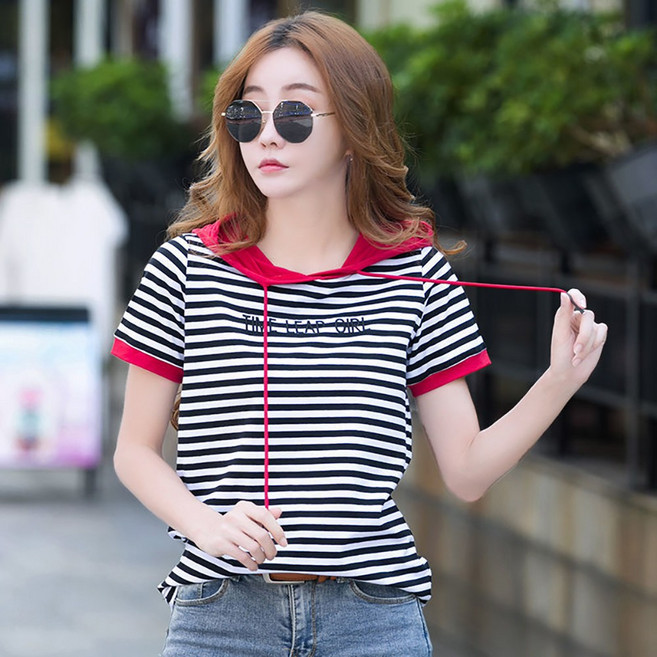 셀럽당 스트라이프 반팔 티셔츠 여여름 순면 루즈 자수 후드 반팔 상의