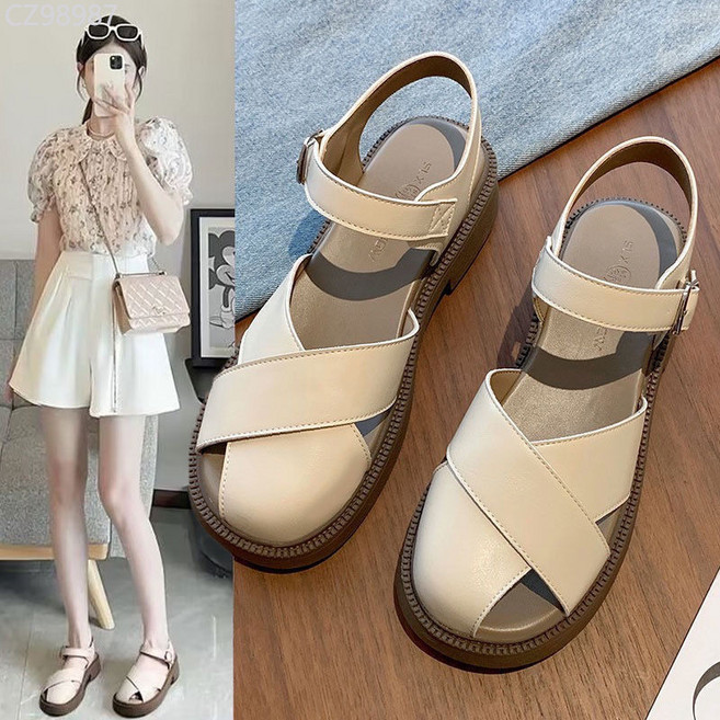 女款 夏季厚底羅馬涼鞋, 米白色,39, 39