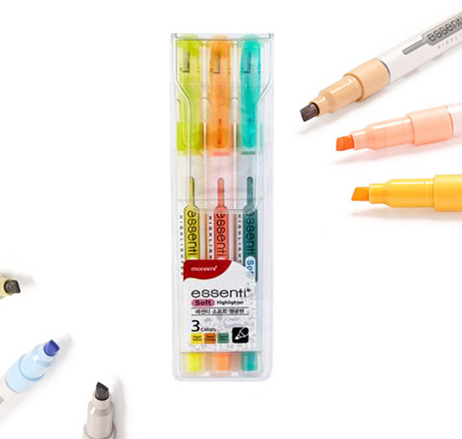 모나미 에센티 소프트 형광펜 혼합 3색 세트 사각닙 파스텔톤