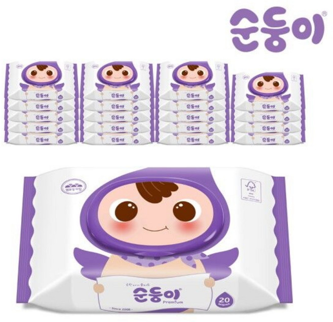 순둥이 cE-com 프리미엄 엠보싱 물티슈 휴대 캡형 20매 20팩, 65g, 1개