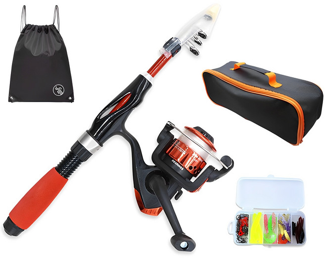 왕초보 주니어 여성 낚시장비 풀세트, 낚시대+릴(줄포함)+루어세트+낚시가방+짐쌕가방, 레드