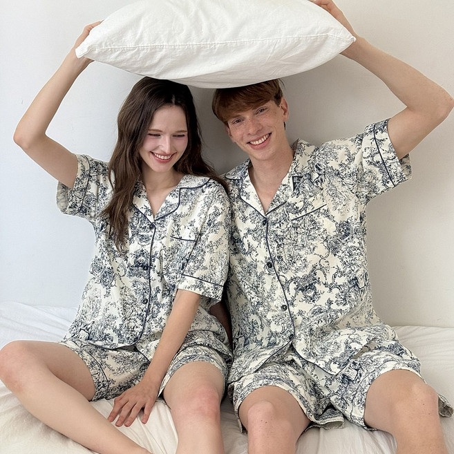 여름 커플 잠옷 반팔 반바지 상하세트 파자마 남여공용 여성 구름면 루즈핏 홈웨어 페일블루 파자마(4447)