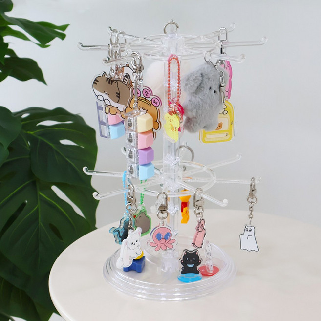 이지유 대용량 2단 회전 키링 거치대 악세사리 진열대 굿즈 가챠 걸이 메지루시 보관함, 투명, 1개
